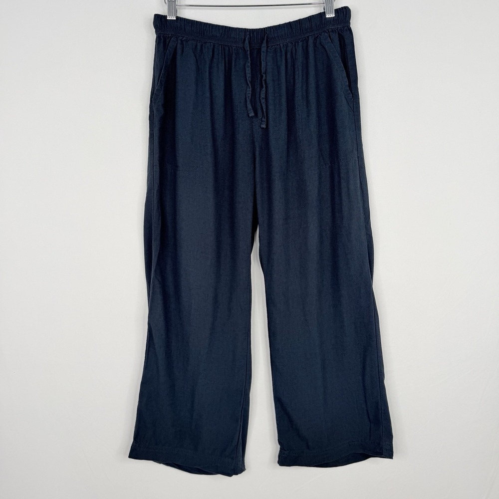 Splendid Crop Linen & Viscose Pants Wide Leg Navy Drawstring Elastic Waist Small - Picture 2 of 14